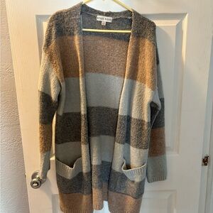 Knox Rose Women's Striped Cardigan Sweater - Brown and Gray